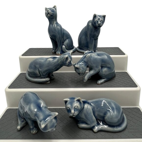 Vintage Thai Celadon Blue Glazed Crackle Ceramic Cat Figurine Lot of 6 Clowder - Picture 2 of 16